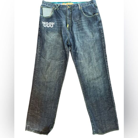 LRG Jeans Size 40 Baggy Hip Hop Streetwear Retro Denim Beaded Embroidered - Picture 1 of 14